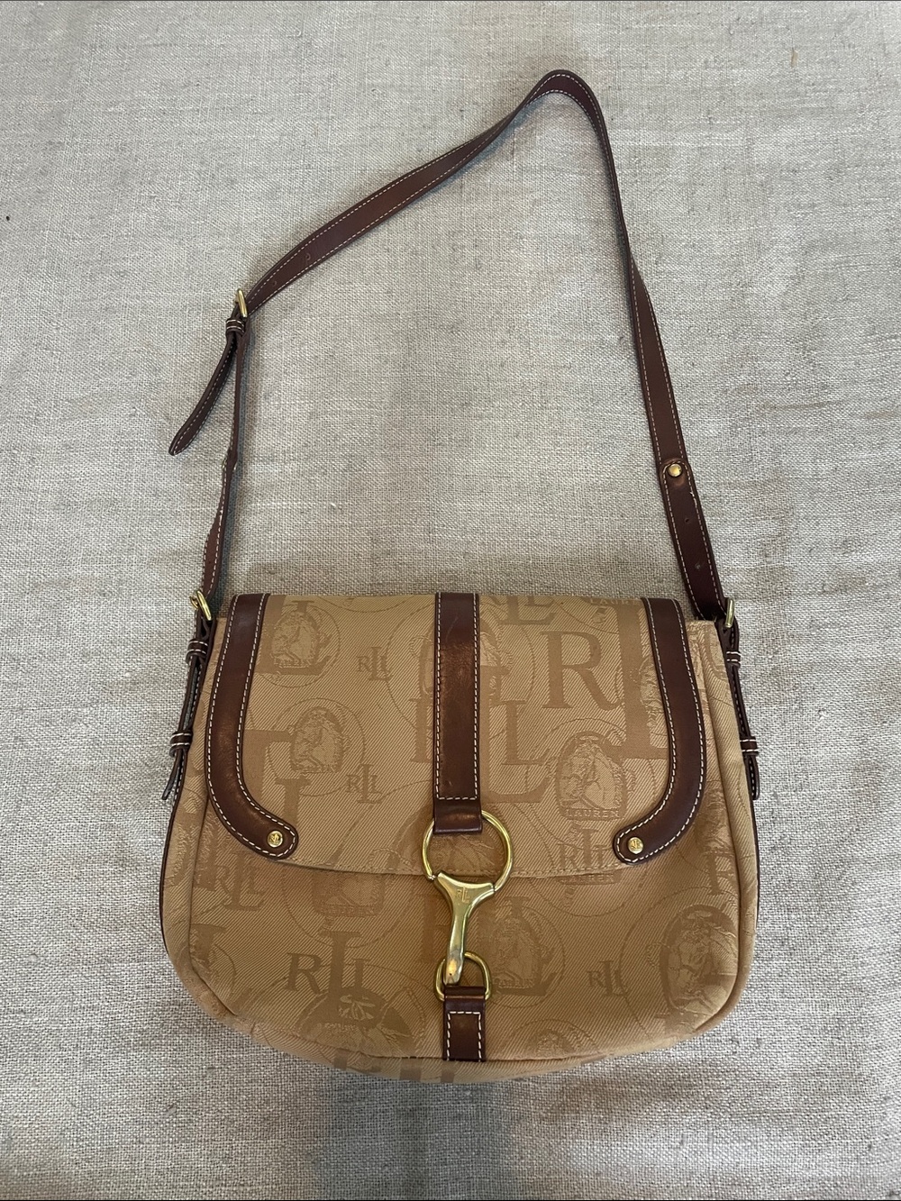 Vintage Ralph Lauren Tan and Brown Monogram Saddle Shoulder Bag